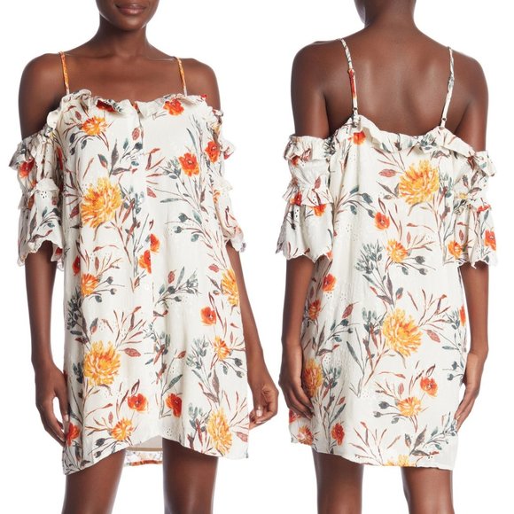 Eyelet Floral Cold Shoulder Ruffle Button Up Dress - Picture 2 of 9